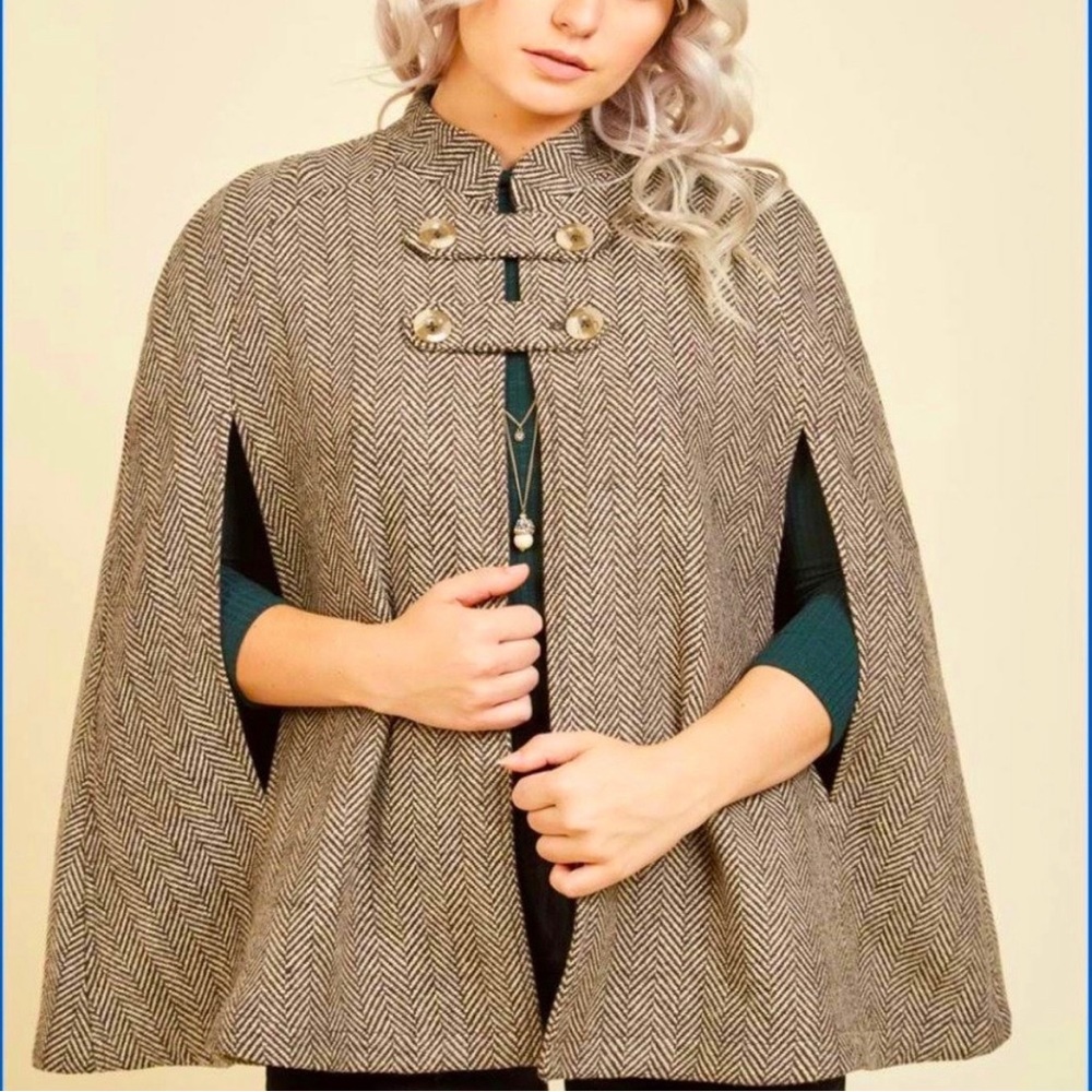 ModCloth Brown Herringbone Wool Cape Size 1X